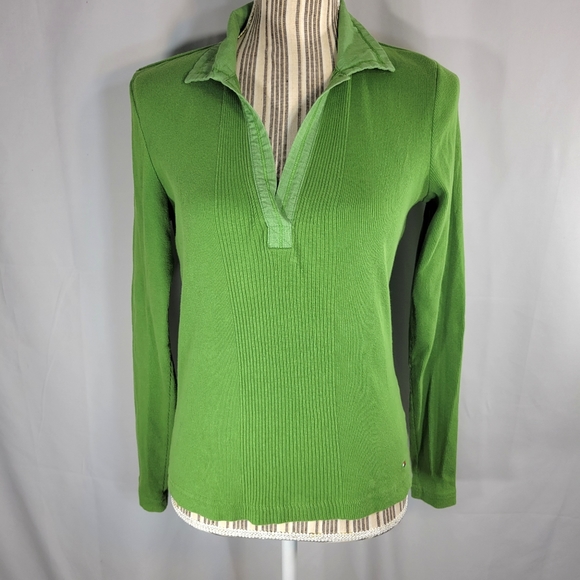 Vintage Tommy Hilfiger Green Ribbed Long Sleeve Collared Top Size Medium - Picture 1 of 7